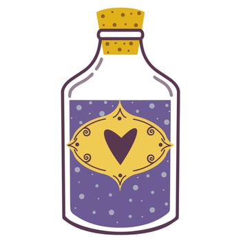 Magic love potion vector illustration. Flask with liquid. Isolated icon on white background. Purple love drink in bottle, flat cartoon style