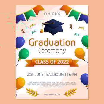 Graduation ceremony poster invitation student cap, garland and ballons. Vector layout template. Degree ceremony invite. Student flyer design.