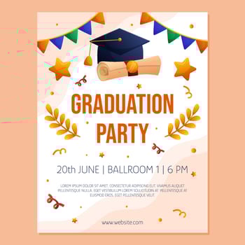 Graduation party poster invitation with cap, diploma script, garland and stars. Vector layout template. Degree ceremony invite. Student flyer design.