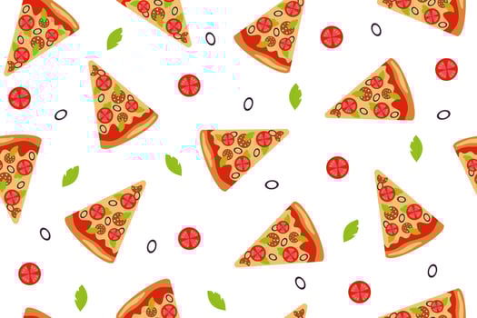 Seamless pattern with pizza slices, tomatoes and lettuce leaves on white background. For textiles, backgrounds, menus. Fast food, pastries, Italian cuisine vector