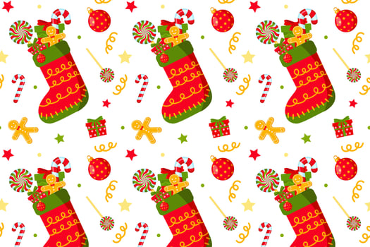 Seamless pattern with Christmas sock with gifts on white background. Packaging paper, textiles. Home decor, gingerbread man, lollipop, candy. Symbol of Christmas and New Year vector
