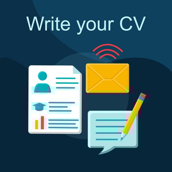 Write your CV flat concept vector icon. Curriculum vitae writing idea cartoon color illustrations set. Resume. Skills, education, experience. Online job application. Isolated graphic design element