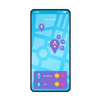 GPS kids tracker smartphone interface vector template. Mobile app page blue layout. Children tracking, navigation, location finder screen. Flat UI for application. Parental control. Phone display