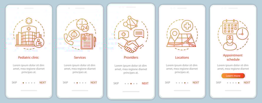 Pediatric clinic onboarding mobile app page screen with linear concepts. Providers, locations, appointment schedule walkthrough steps graphic instructions. UX, UI, GUI vector template with icons