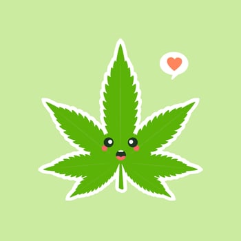 Cute and kawaii smiling happy marijuana weed green leaf face. Vector flat cartoon character illustration icon design. Isolated on color background. marihuana ganja, medical and recreation cannabis