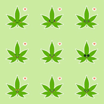 Cute and kawaii smiling happy marijuana weed green leaf face. Vector flat cartoon character illustration icon design. Isolated on color background. marihuana ganja, medical and recreation cannabis