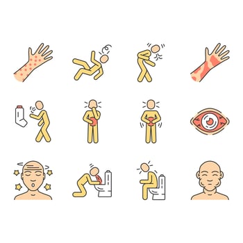 Allergy symptoms color icons set. Allergic reaction, respiratory infection. Conjunctivitis, contact dermatitis, food poisoning. Summer, spring seasonal disease. Isolated vector illustrations