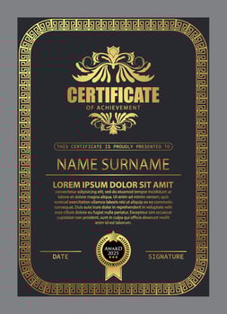 Certificate Design. Diploma currency border template. Dark colored gift voucher award background. vector