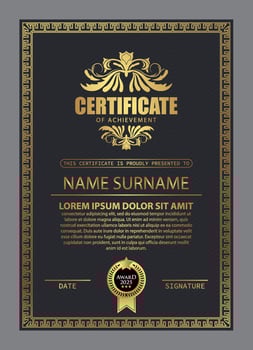 Certificate Design. Diploma currency border template. Dark colored gift voucher award background. vector