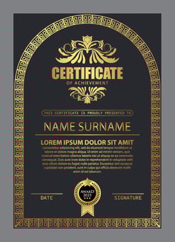 Certificate Design. Diploma currency border template. Dark colored gift voucher award background. vector