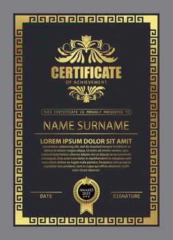 Certificate Design. Diploma currency border template. Dark colored gift voucher award background. vector