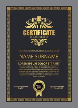 Certificate Design. Diploma currency border template. Dark colored gift voucher award background. vector