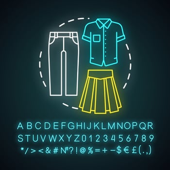 School clothes, uniform neon light concept icon. Elementary grade student fashion idea. Glowing sign with alphabet, numbers and symbols. T shirt, pants and long skirt vector isolated illustration