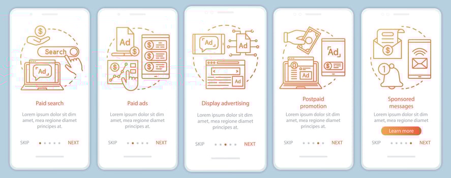 PPC channels orange onboarding mobile app page screen vector template. Media marketing, ad networks walkthrough website steps with linear illustrations. UX, UI, GUI smartphone interface concept