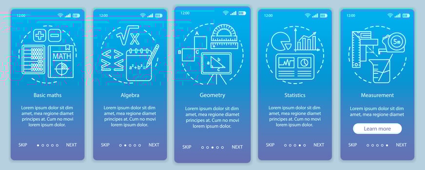 Mathematics courses, learning maths onboarding mobile app page screen vector template. Walkthrough website five steps with linear illustrations. UX, UI, GUI smartphone interface concept..