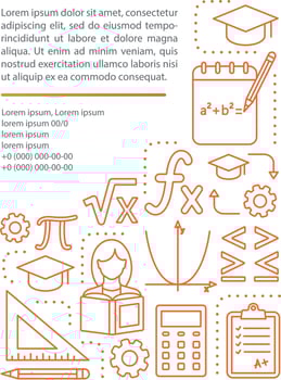 Algebra lessons, courses article page vector template. Mathematics, maths. Brochure, magazine, booklet design element with linear icons and text boxes