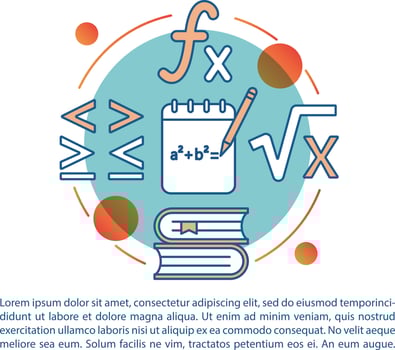 Solving equation, formula article page vector template.Math, algebra. Brochure, magazine, booklet design element with linear icons and text boxes. Print design. Concept illustrations with text space
