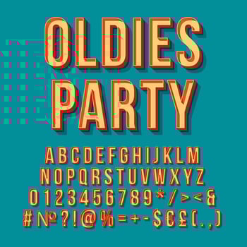 Oldies party vintage 3d vector lettering. Retro bold font, typeface. Pop art stylized text. Old school style letters, numbers, symbols, elements. 90s, 80s poster, banner. Pine color background