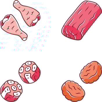Butchers meat color icons set. Chicken drumsticks, pork roast, burger patties, oxtails. Meat production and sale. Butchery business. Protein sources. Isolated vector illustrations
