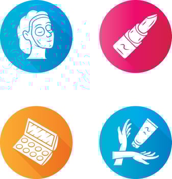 Makeup flat design long shadow glyph icons set. Skin care attributes, cosmetic accessories. Beauty salon products vector silhouette illustrations. Face mask, hand cream, eyeshadow palette, lipstick