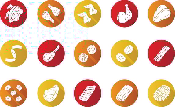 Butchers meat flat design long shadow glyph icons set. Chicken drumsticks, breast and ham. Bacon, burger patties, steaks, oxtails. Butchery business. Protein sources. Vector silhouette illustration