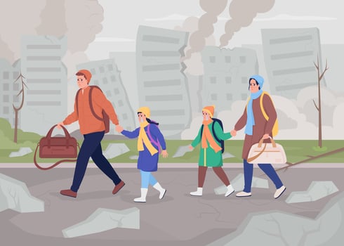 Leaving war-torn city due to military conflict flat color vector illustration