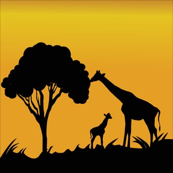 Child and mother giraffe silhouette vector