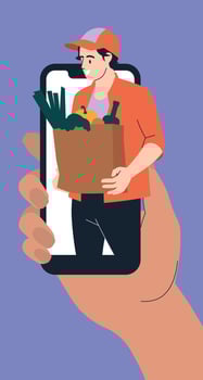 People and shopping. A man with a grocery bag. Mobile phone. Buying groceries online, delivery by courier. Vector image.
