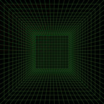 Grid room in perspective, vector illustration in 3d style. Indoor wireframe from green lines, template interior square, digital empty box. Laser beam on black background