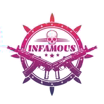 infamous, t-shirt print, vector emblem with automatic guns and skull