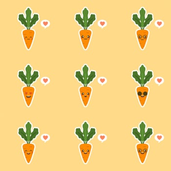 kawaii cute carrot cartoon character. Carrot cartoon in flat style, cute smiling character for healthy food poster, zero waste eco lifestyle, vegetarian eat, restaurant menu, cafe logo, Vegan vector