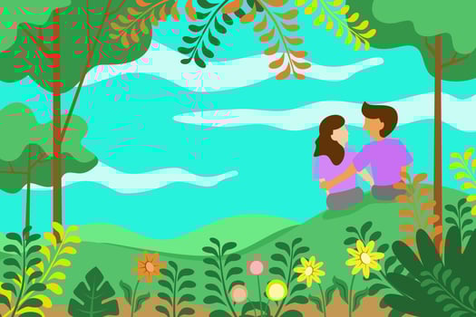 Illustration adult male and female sitting in flower garden vector