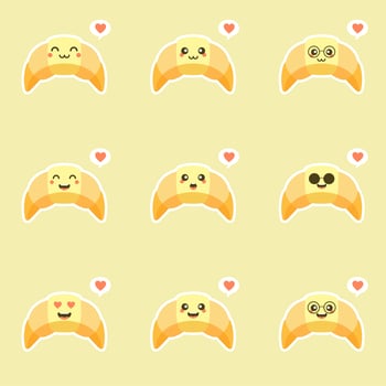 Croissant cartoon character doodle showing some love with flying hearts. Perfect croissant love mascot for your bakery. Funny and cute food logo drawing. Isolated vector illustration.