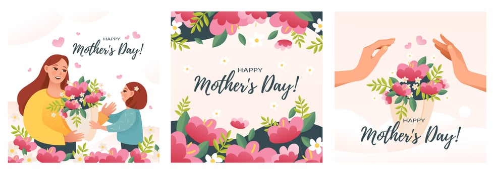 Mother's Day. A set of postcards for Mother's Day. The daughter gives a bouquet to her mother. Cute cartoon vector illustration.