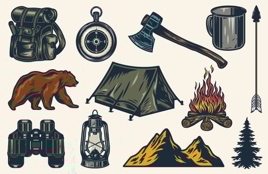 Vintage camping and outdoor adventure elements vector
