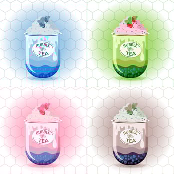 A set of different types of tea. Flat style painted elements. Fancy drinks. Green tea, matcha milk, cacao brownie and fruity, consisting of mixed fruit flavors, fresh strawberry vector