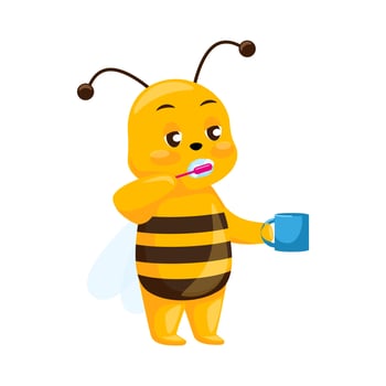 Cute bee washing isolated on white background. Sleepy cartoon character in morning. vector