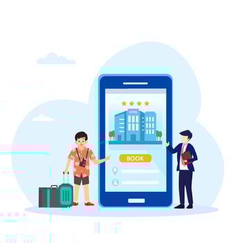 Online hotel booking. Easy travelling with online booking apps. Flat vector template