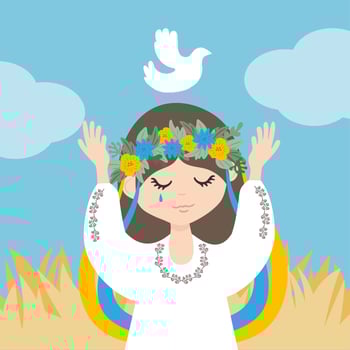 Ukrainian girl in national dress cry and let white dove symbol peace fly in the sky.  Ukrainian landscape. Support Ukraine concept. Vector flat illustration isolated on white background.