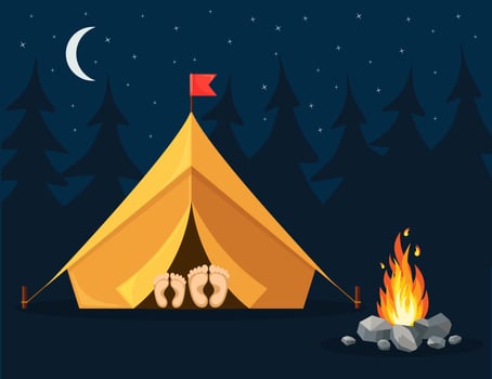 Night landscape with tent, campfire, forest. Summer camp, nature tourism. Camping or hiking concept. Vector design