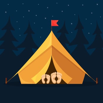 Night landscape with tent, forest. Summer camp, nature tourism. Camping or hiking concept. Vector design