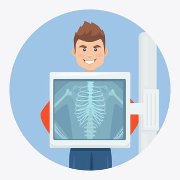 X-ray machine for scanning human body. Roentgen of chest bone. Medical examination for surgery. Vector design