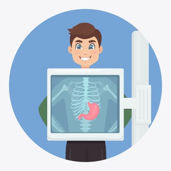 X-ray machine for scanning human body. Roentgen of chest bone. Ultrasound of the stomach. Medical examination for surgery. Vector design