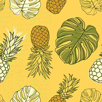 Tropical floral leaves, palm leaves, monstera, pineapple seamless pattern background. Exotic jungle wrapping paper. Beautiful print with hand drawn exotic plants. Summer design for fashion, print vector