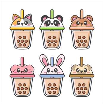 pack of bubble tea cup with cute animal face lid vector