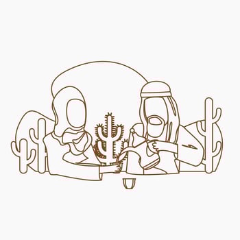 Editable Vector of Outline Style Arab Man Pouring Arabic Coffee From Dallah Pot into Finjan Cup for His Wife Illustration for Islamic Moments or Arabian Culture Cafe and Family Related Design