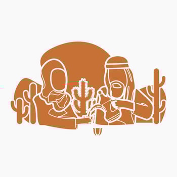 Editable Vector of Flat Monochrome Style Arab Man Pouring Arabic Coffee From Dallah Pot into Finjan Cup for His Wife Illustration for Islamic Moments or Arabian Culture Cafe and Family Related Design