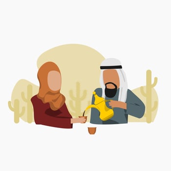 Editable Vector of Arab Man Pouring Arabic Coffee From Dallah Pot into Finjan Cup for His Wife Illustration for Islamic Moments or Arabian Culture Cafe and Family Related Design