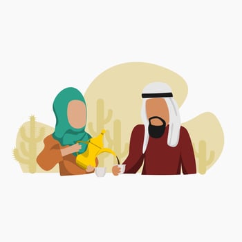 Editable Vector of Arab Woman Pouring Arabic Coffee From Dallah Pot into Finjan Cup for Her Husband Illustration for Islamic Moments or Arabian Culture Cafe and Family Related Design