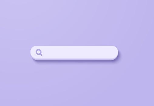 3D minimal search bar or magnifying glass in blank search bar on purple background. Search bar design element on web browser. 3d vector magnifier render for UI illustration in pastel background